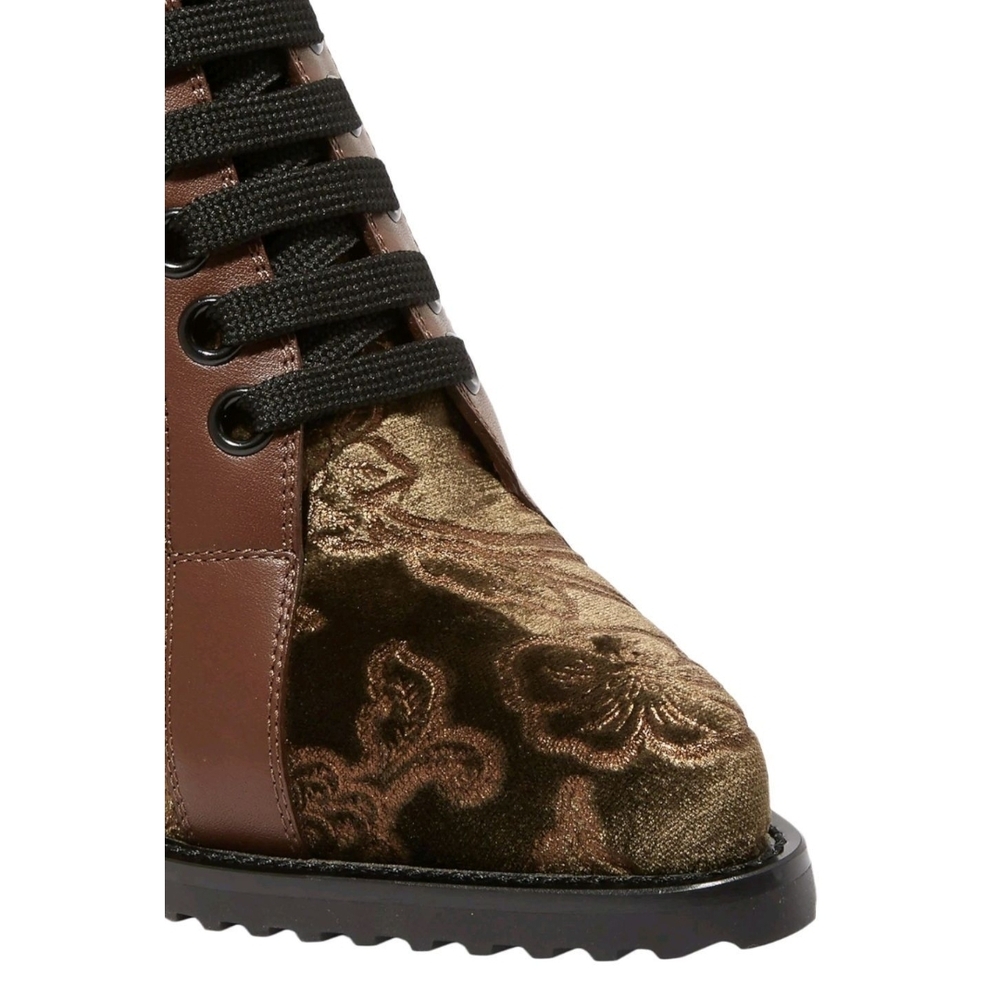 Chloe Rylee Brocade & Leather Black and Brown Lace Up Boots with Gold Embroidery - Picture 5 of 8
